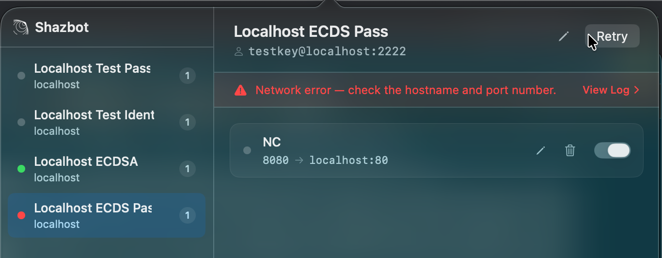 A failed connection showing a red error banner with a link to view the log.
