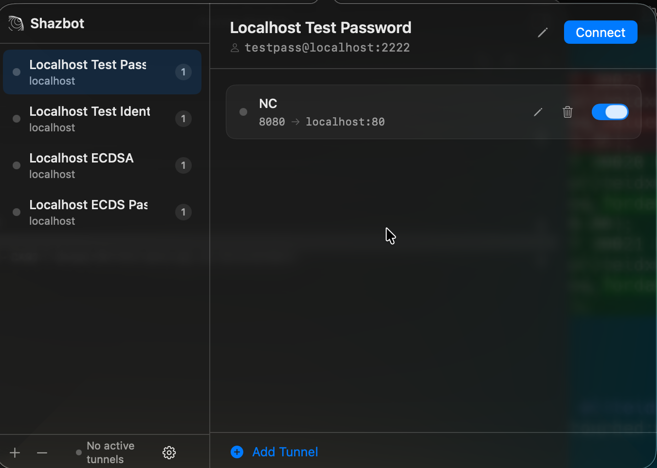 Shazbot's main window: a server sidebar on the left and tunnel detail on the right.