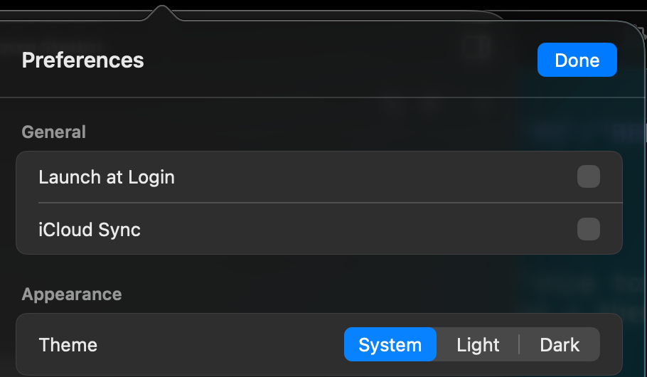 Preferences: launch at login, iCloud sync, and theme.