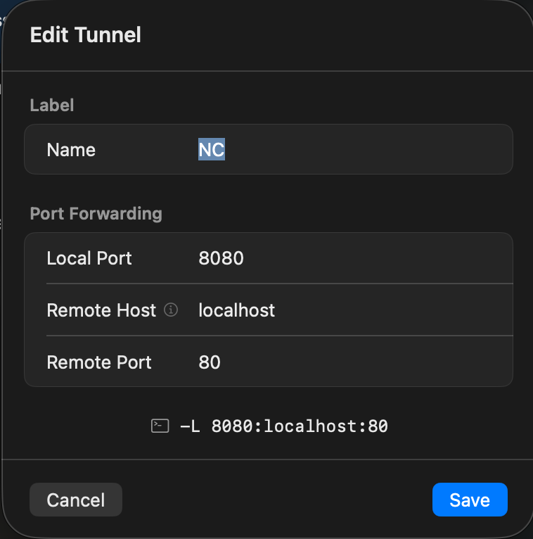 The tunnel editor, showing local and remote port forwarding fields.